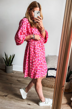 Pink Leopard Print Elasticated V-Neck Dress with 3/4 Puff Sleeves