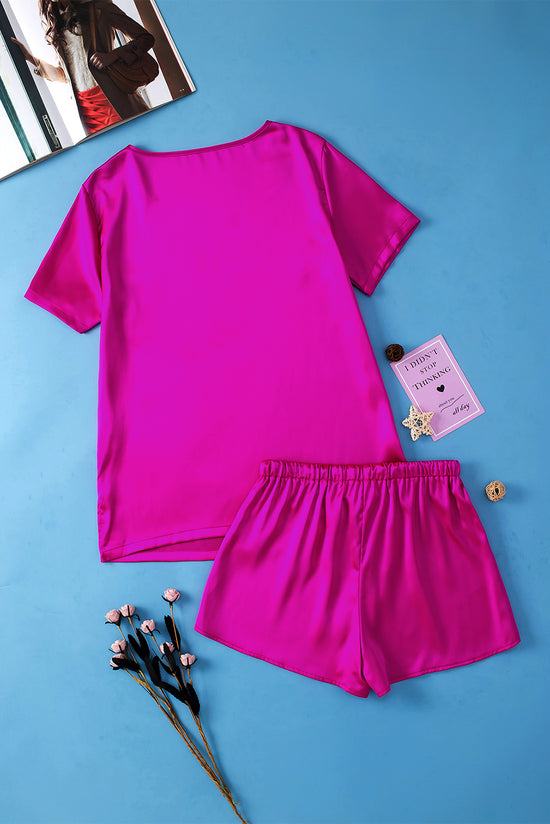 Ensemble t-shirt à col en V en satin rose vif et short à cordon de serrage