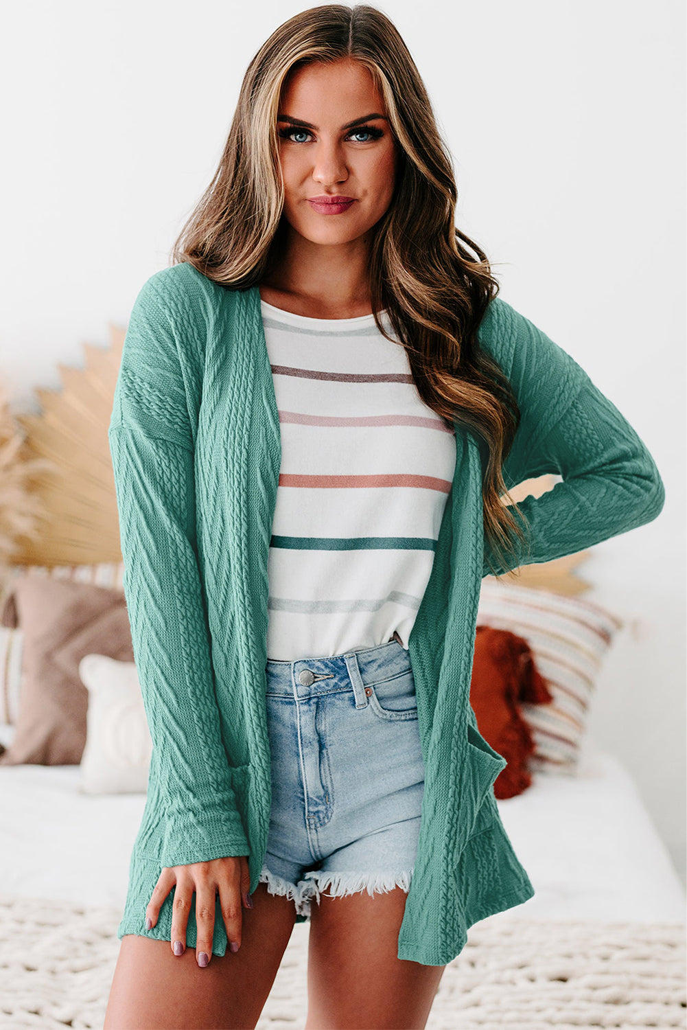 Canton - Cardigan texturé uni ouvert sur le devant avec poche-A WOMAN WE LOVE