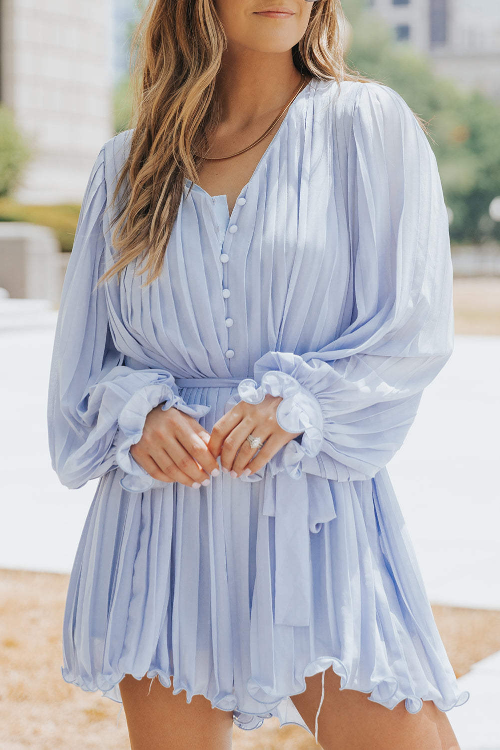 Sky Blue V-Neck Pleated Romper with Ruffles and Buttons at the Waist