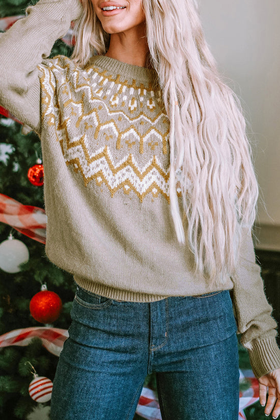 Grey Geometric Pattern Ribbed Crew Neck Sweater