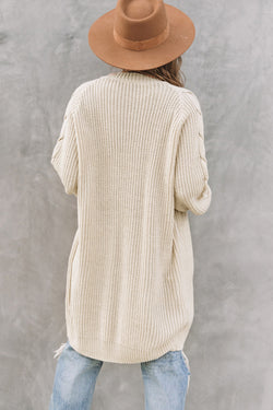 Long khaki open front cardigan with twisted sleeves