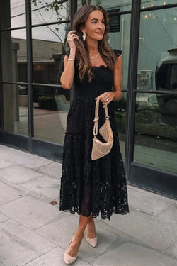 Black Sleeveless Midi Dress with Smocked Lace Bodice