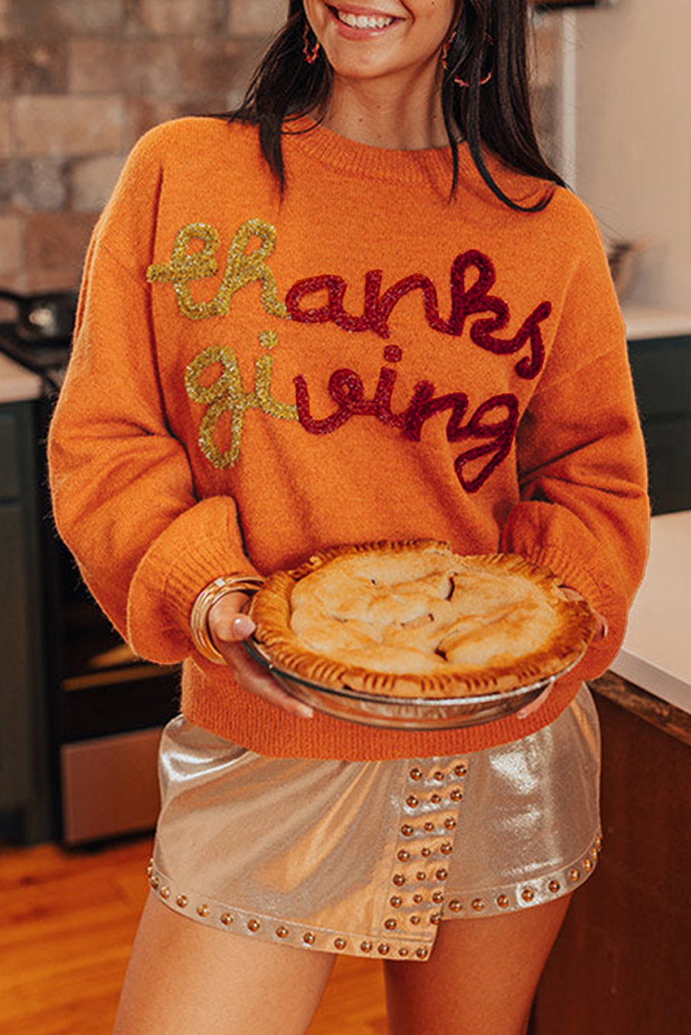 Russet Orange Thanksgiving Garland Drop Shoulder Crewneck Sweater