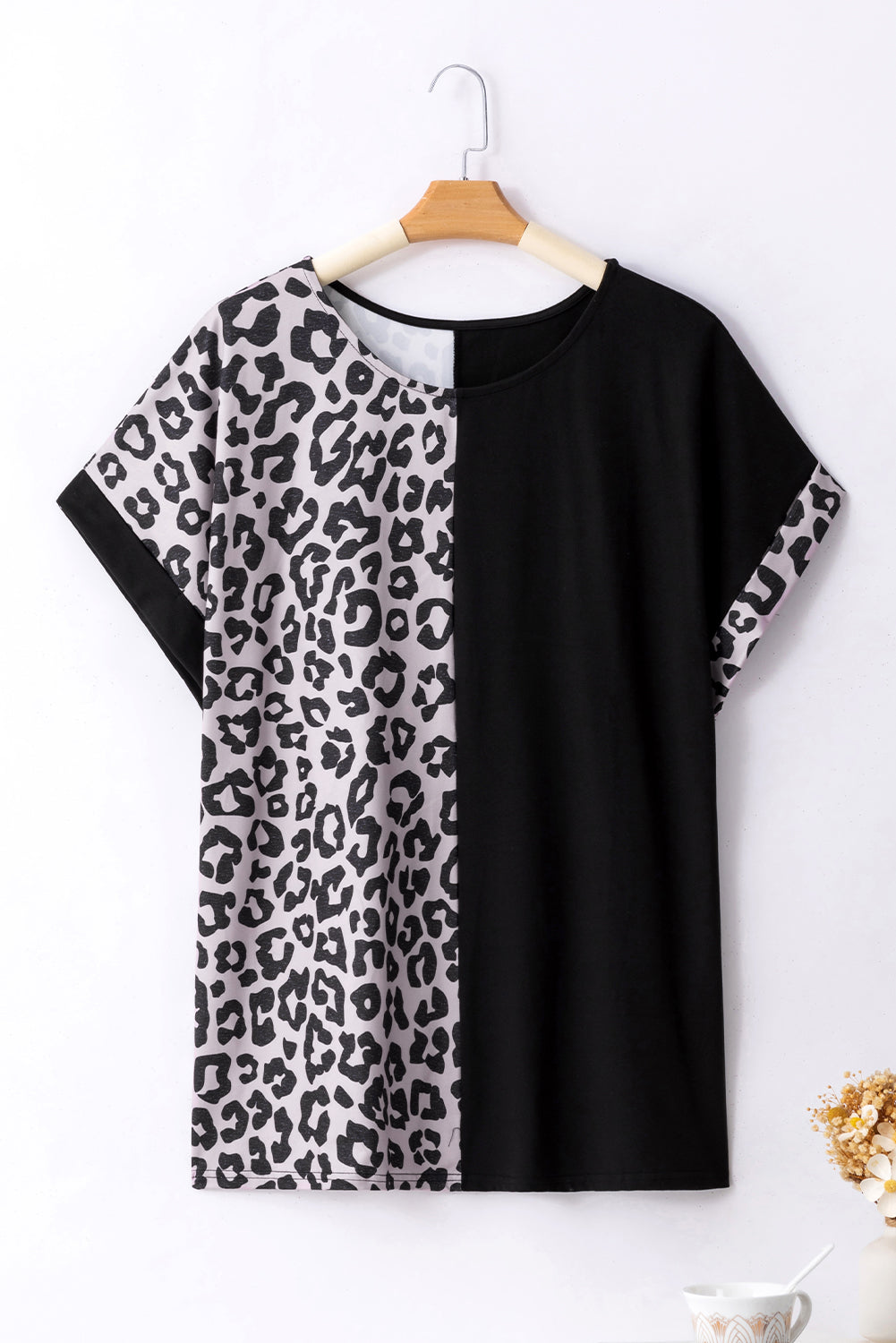 Black Half Leopard Patchwork Plus Size T-shirt