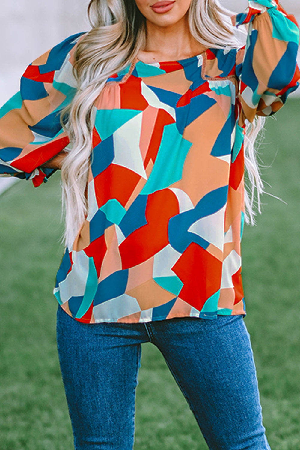 Multicolore Abstract Pattern Crewnack Clewle Sholeve Blouse