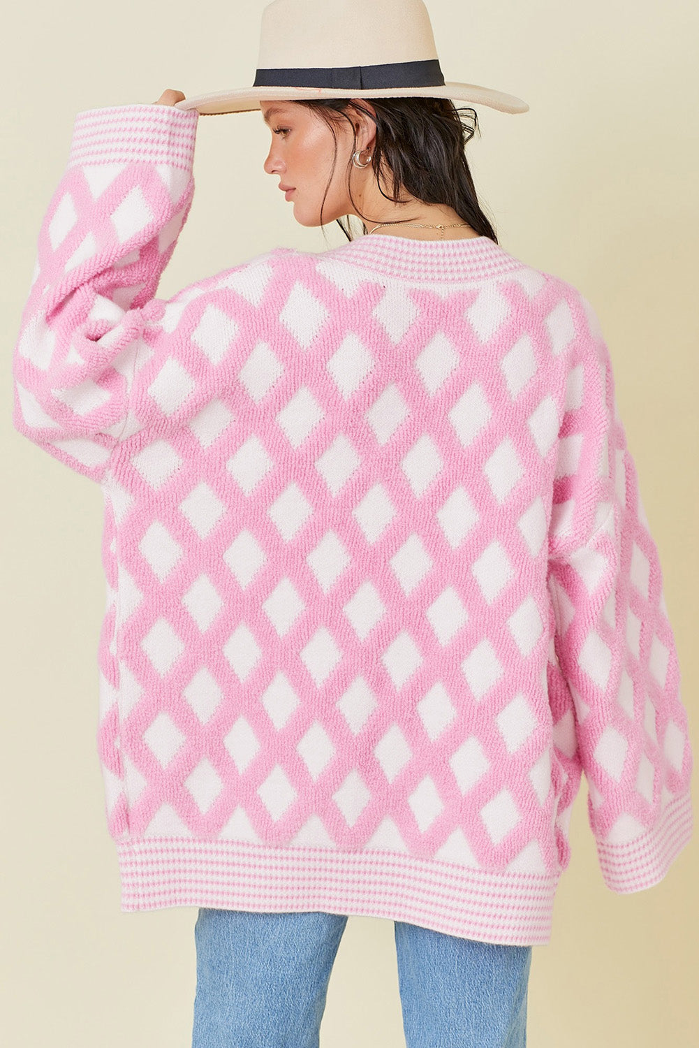 Cardigans en tricot à motif losange rose, ouverts sur le devant, avec poches-A WOMAN WE LOVE