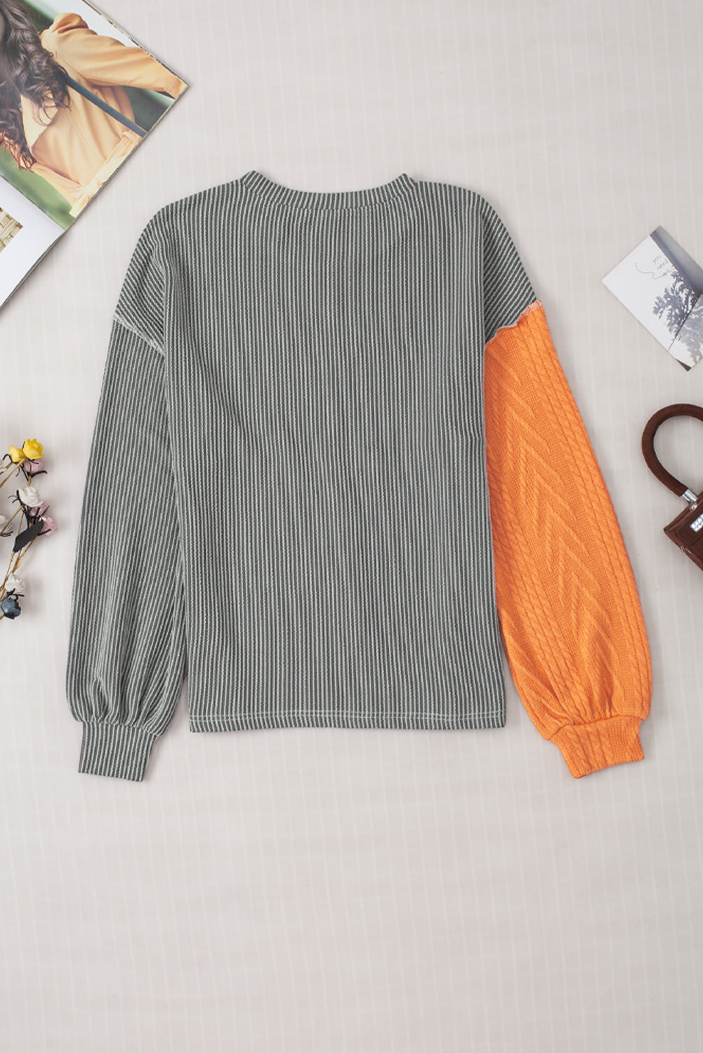 Grapefruit Orange Mixed Texture Color Block Long Sleeve Top