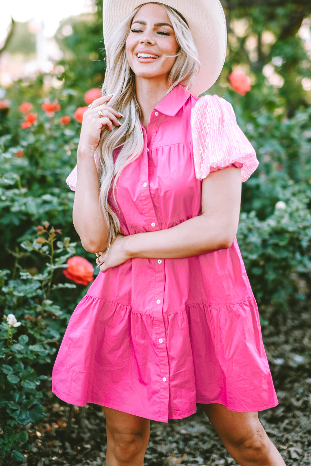 Vestido de camisa con rubor de manga de burbujas de lentejuelas de Bonbon