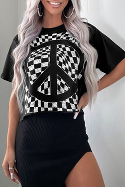 T-shirt noir à col rond imprimé avec signe de paix en damier *