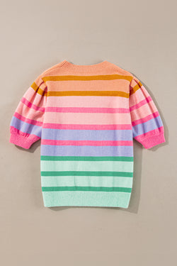 Short sleeve sweater with pink red colored stripes