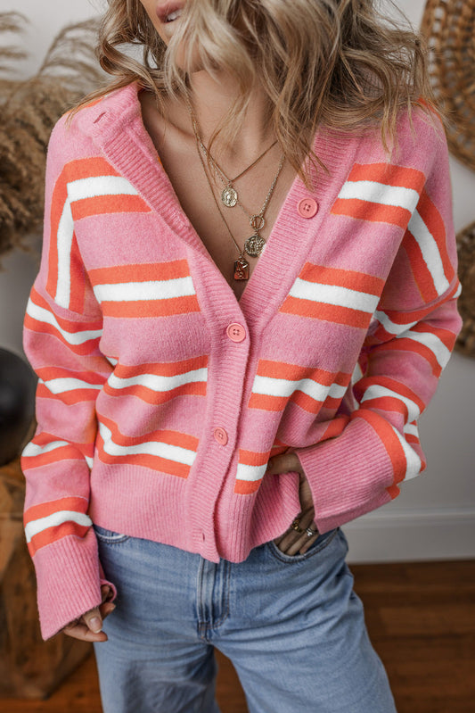 Pink striped cardigan sweater with dropped shoulders and buttons