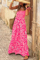 Pink High Waisted Smocked Maxi Dress with Ruffled Straps and Leopard Print