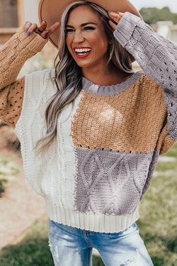 Brown Mixed Color Block Textured Sweater