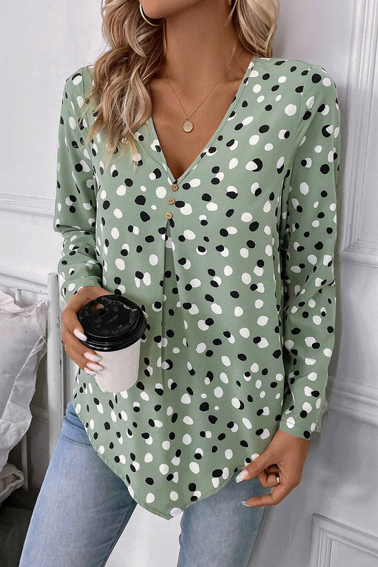 Green polka dot blouse and buttoned print *