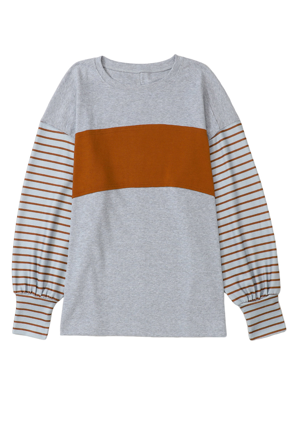 Top gris con manga obispo a rayas color block