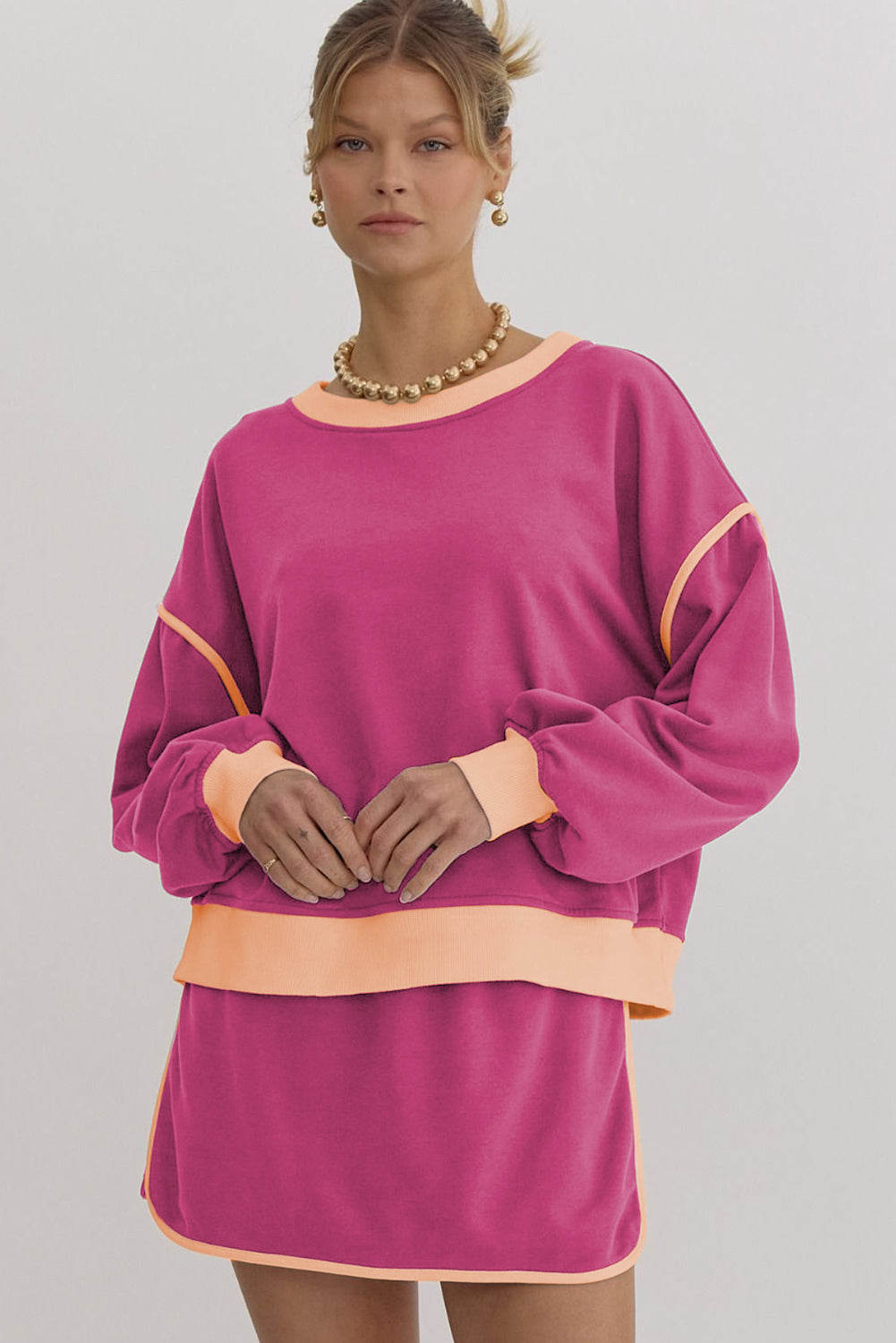 Pink -colored large -colored sweater set *