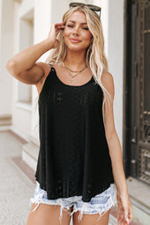 Black strappy tank top with round neck and eyelets