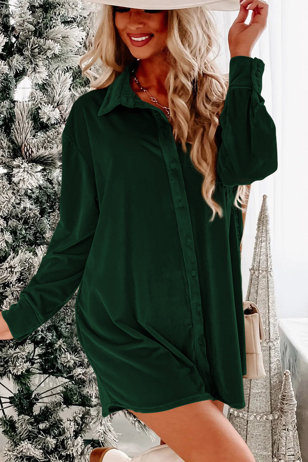 Blackish Green Velvet Button Fronthemd Mini Kleid