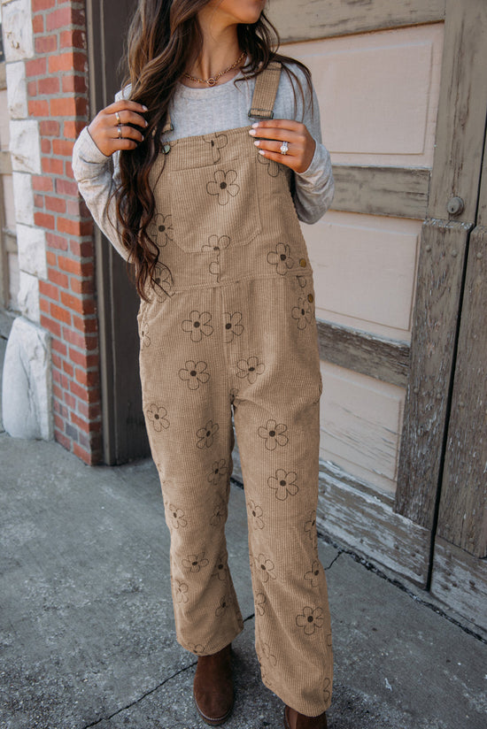 Khaki corduroy overalls with floral print