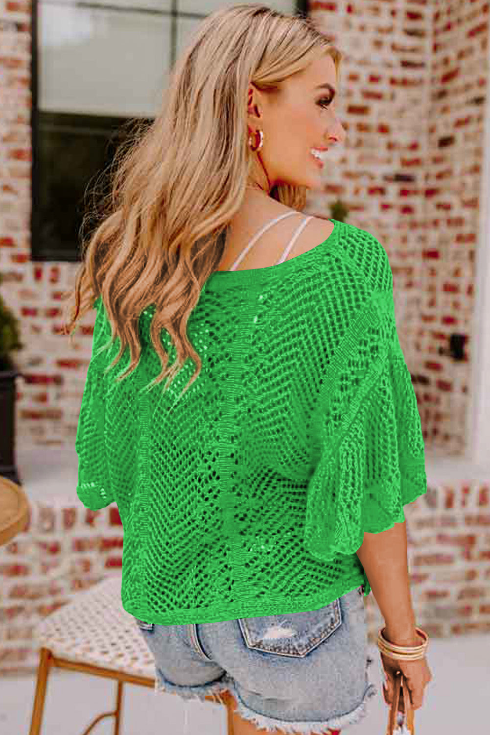 Green Pointelle Knit Scallop Edge de manga corta