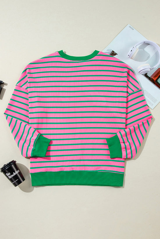 Collar de collar redonda sudadera de cuello con rayas rosadas, grande