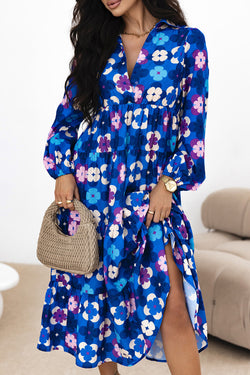 Blue floral midi dress with ruffled peasant sleeves and ruffles