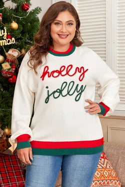 Tinsel Holly Jolly White Color Block Drop Shoulder Sweater Plus Size