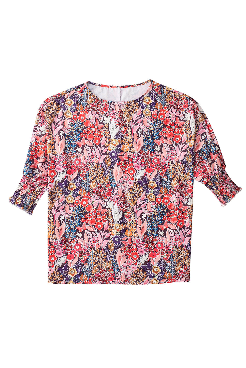 Multicolor Floral Print Shirred 3/4 Sleeve Tunic Blouse