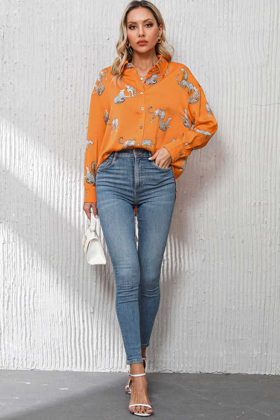 Shirt buttoned in satin with Russet Orange Guépard Print Print