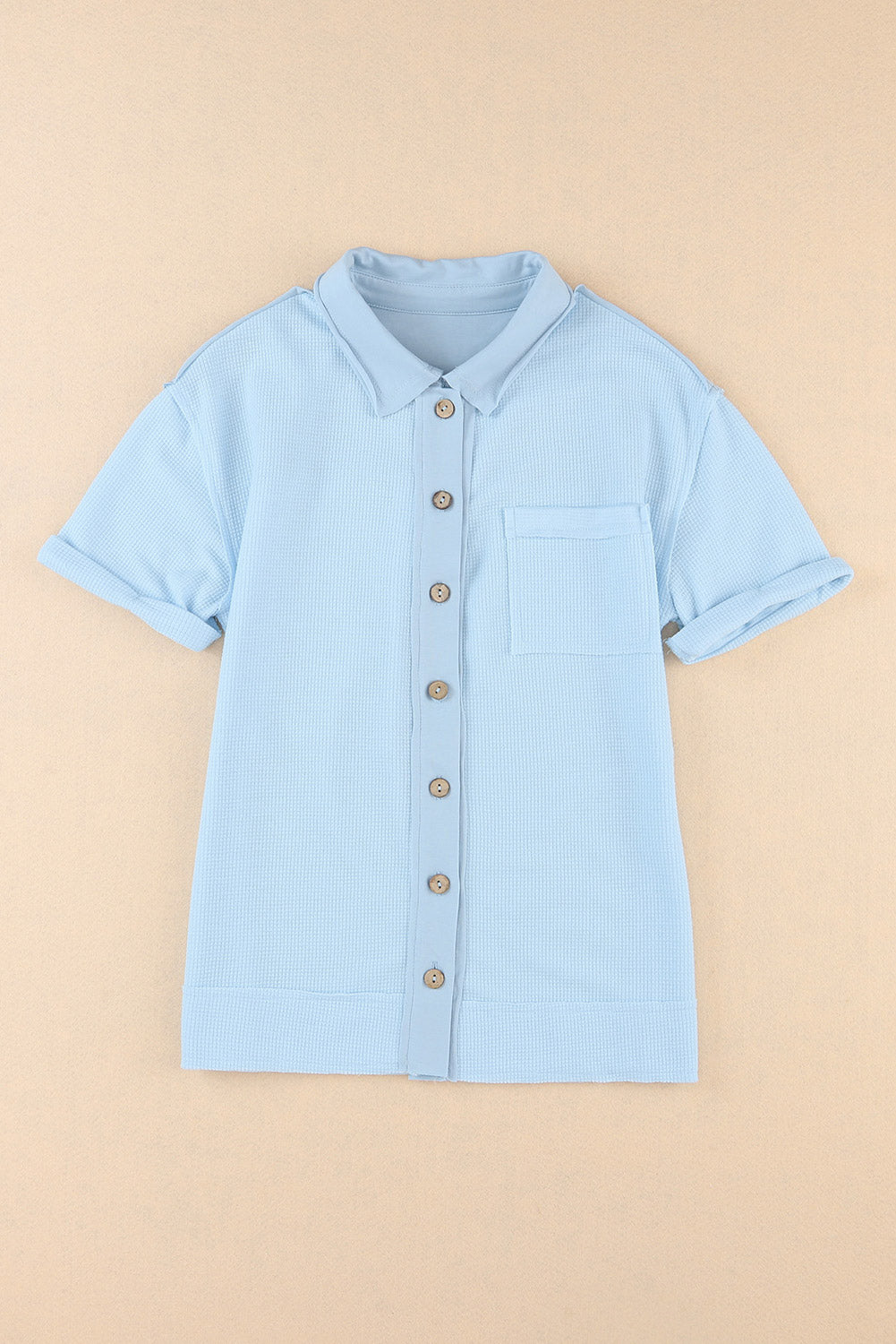 Sky Blue Acid Wash Waffle Knit Short Sleeve Buttoned Shirt