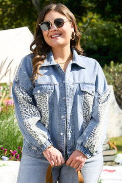 Beau Blue - Plus Size Denim Jacket with Flap Detail and Leopard Patchwork