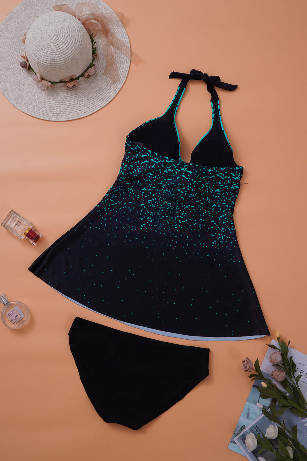 Ensemble tankini dos nu imprimé à pois turquoise