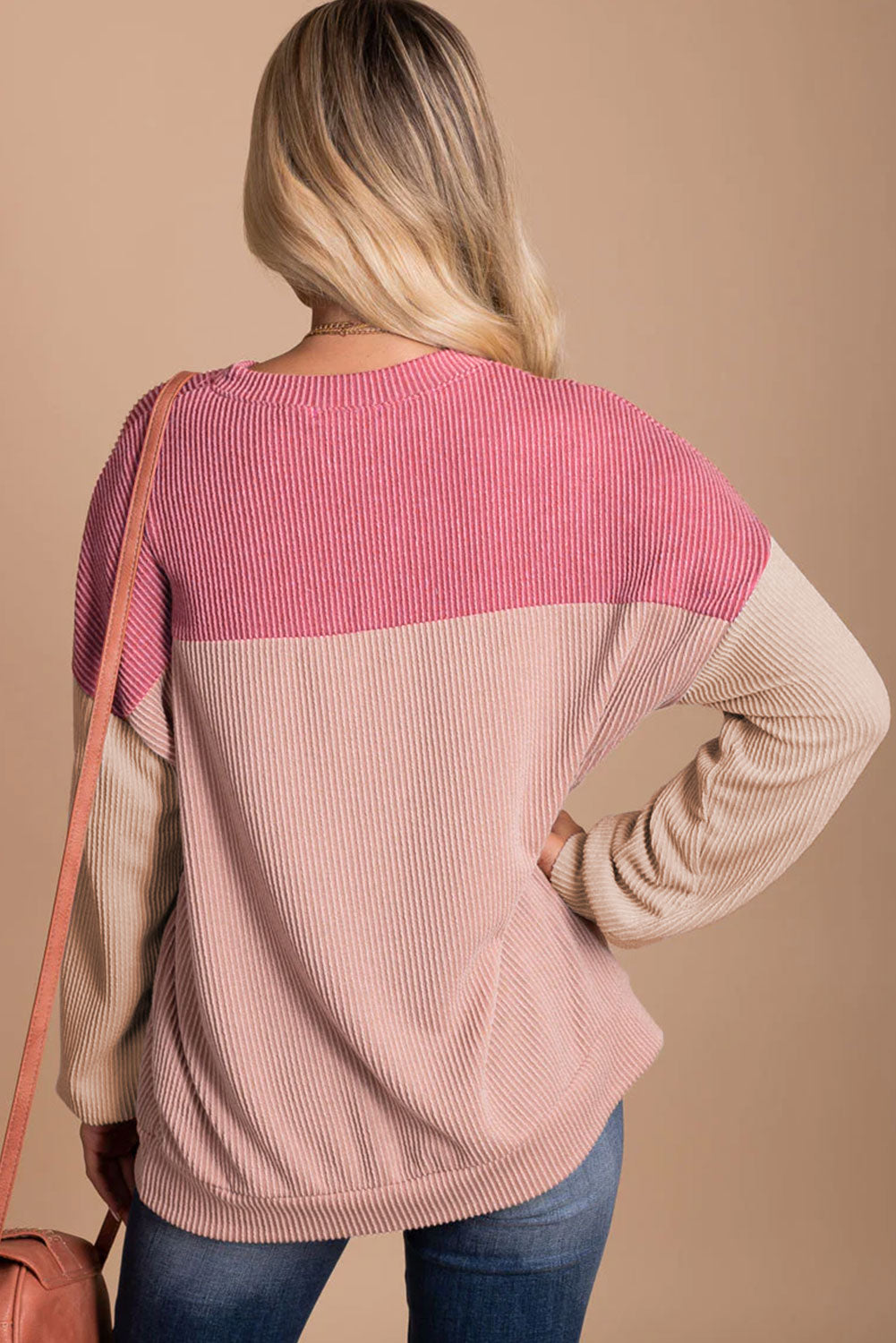 Pink Color Block Long Sleeve Ribbed Loose Top