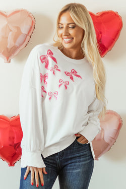 White Oversized Sequin Sweatshirt with Bow Tie, Top and Bottom