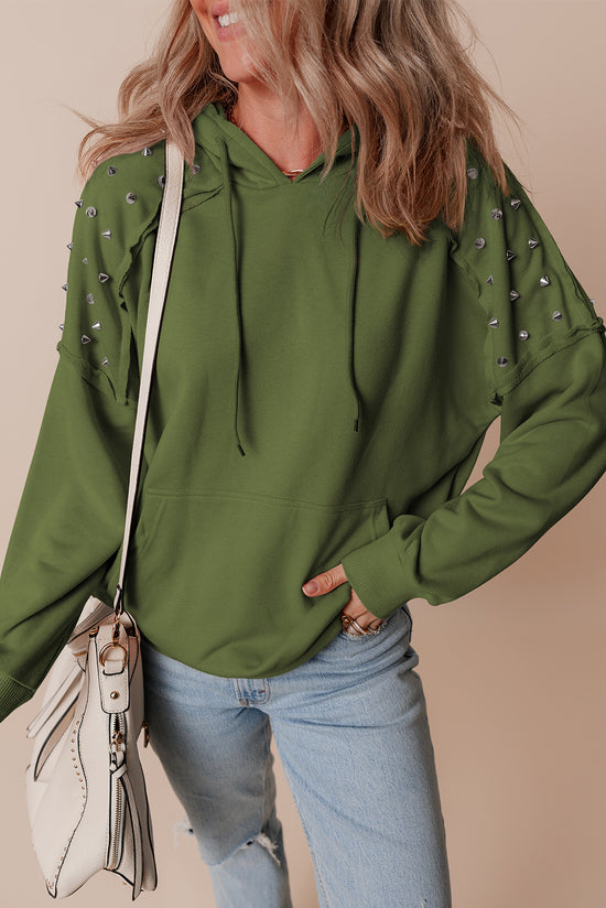 Vineyard Green Solid Color Rivets Raglan Sleeve Hoodie with Pocket