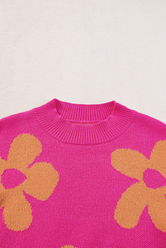 Long sleeve, high neck sweater with large pink flower pattern