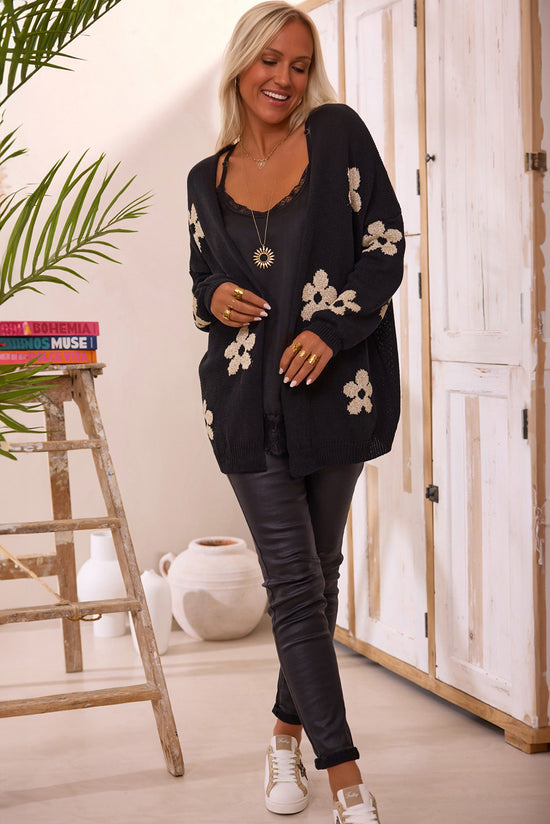 Black knitted cardigan with floral print *