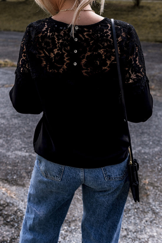 Black long sleeve crochet lace crew neck top