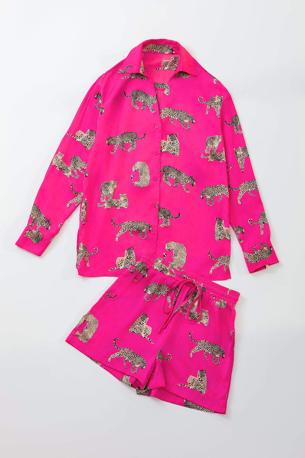 Strawberry Pink Cheetah Print Satin Shirt and Shorts Set