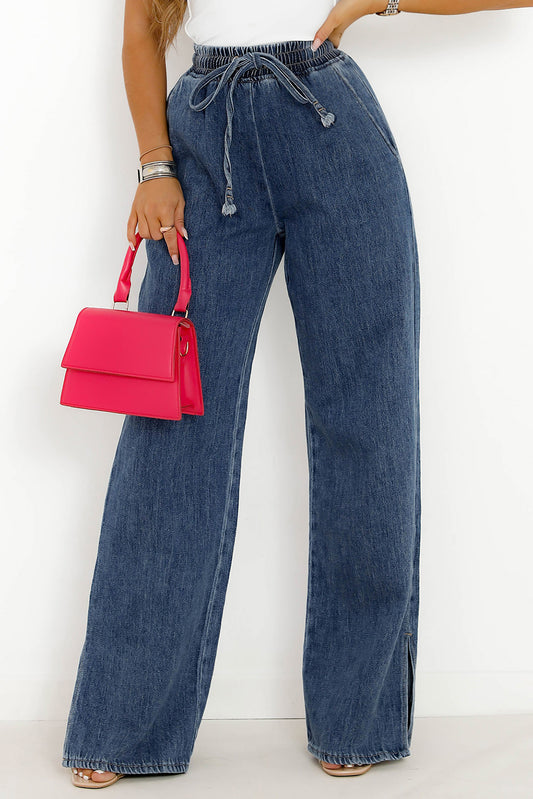 Dark Blue Drawstring Elastic Waist Wide Leg Jeans