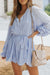 Sky Blue V-Neck Pleated Romper with Ruffles and Buttons at the Waist