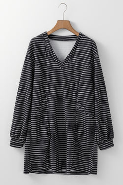 Black striped straight dress with V -neck and long puffing sleeves