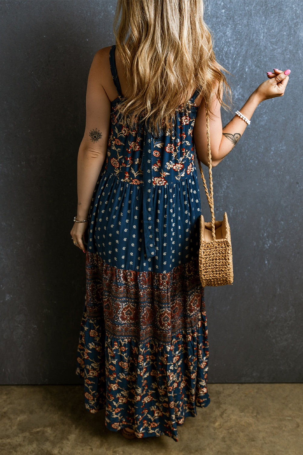 Blue Boho Floral Splicing Sleeveless Dress