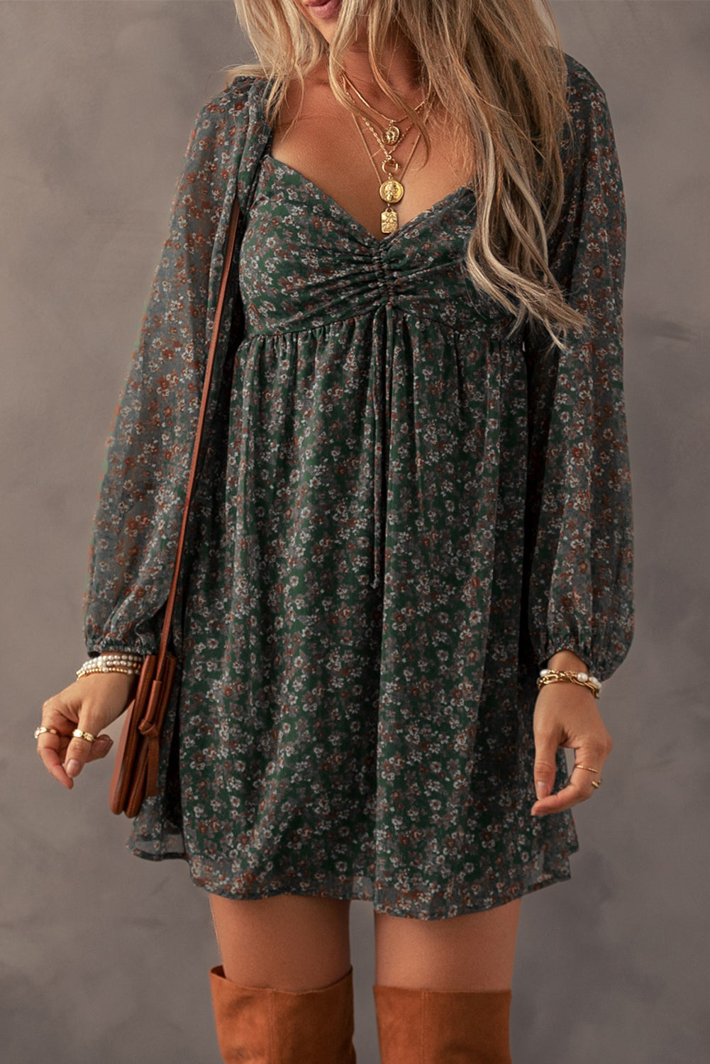 Green Floral Print Mini Dress with Ruched Sweetheart Neckline at Back