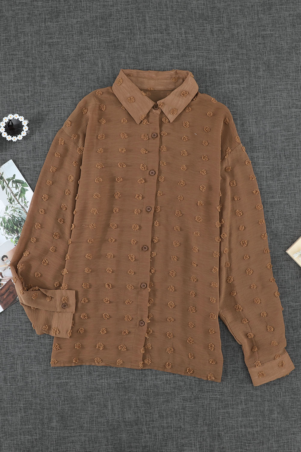 Brown Long Sleeve Button Fuzzy Polka Dot Shirt