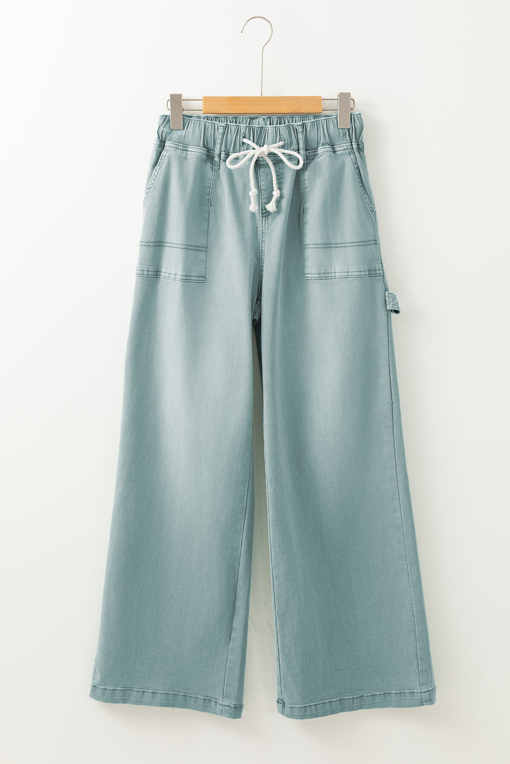 High Waisted Wide Leg Jeans with Drawstring and Smoke Green Mineral Wash