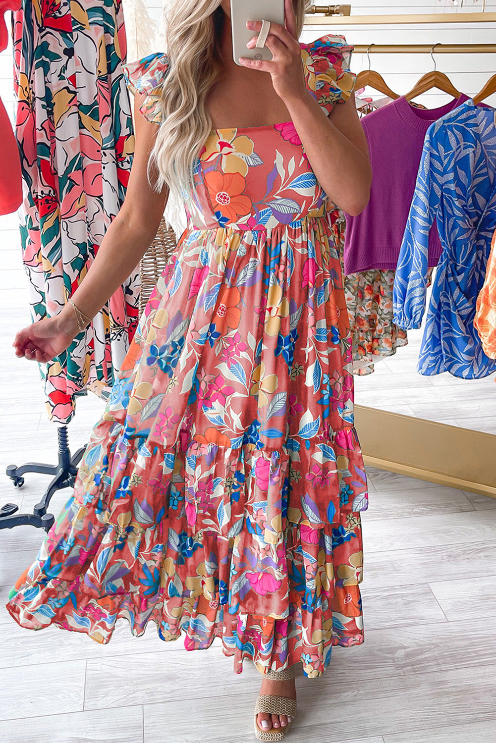 Pink Floral Print Sleeveless Ruffled Maxi Dress