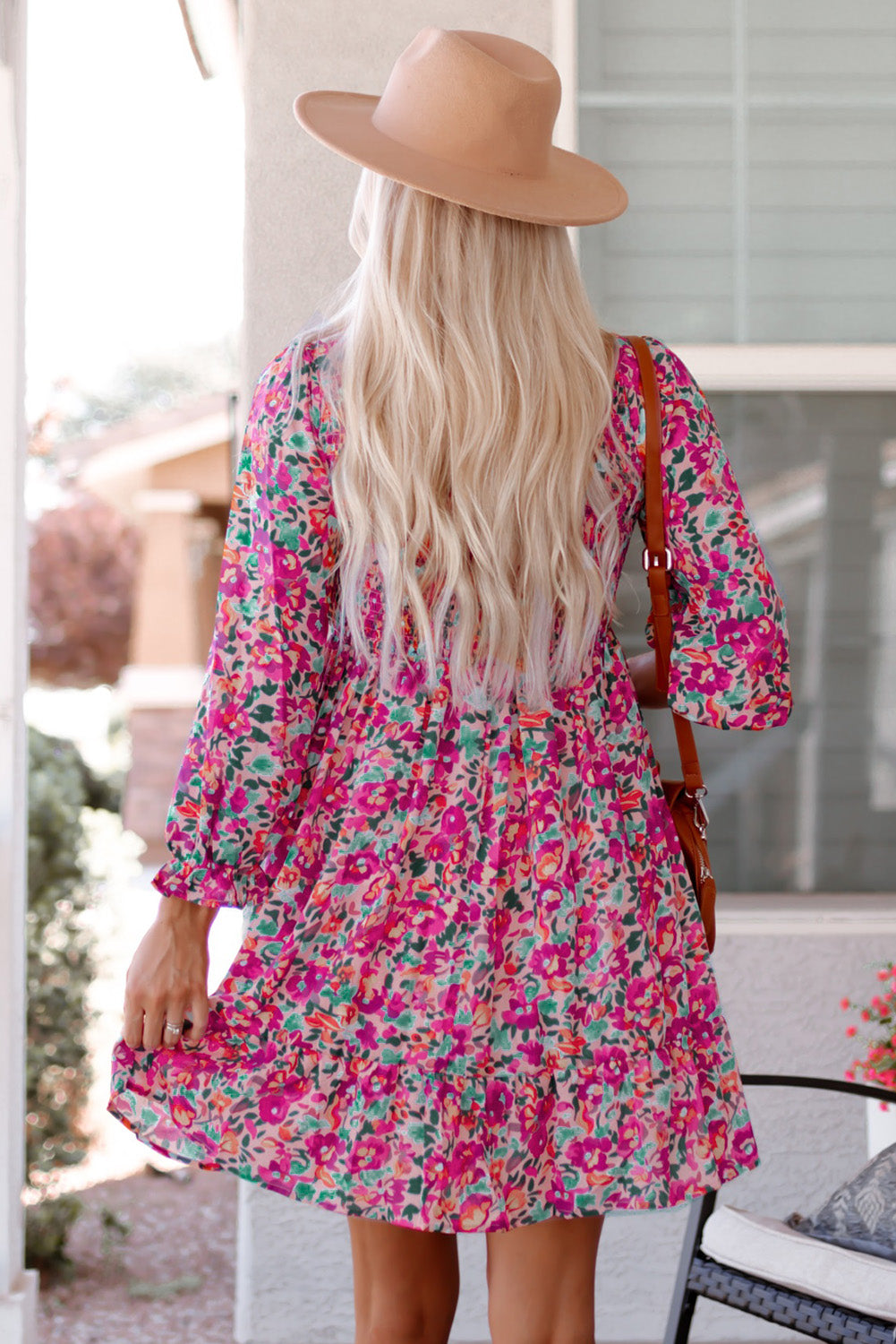 Purple Floral Smocked V-Neck Puff Sleeve Dress