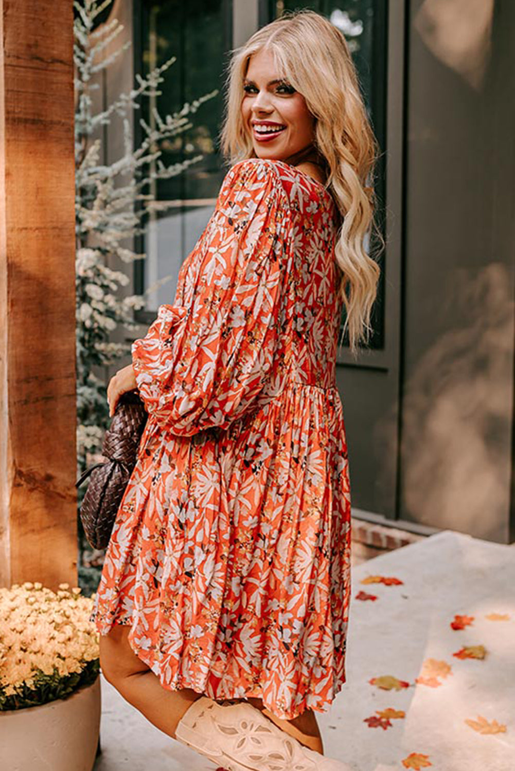 Mid-length orange dress with floral print, large size *